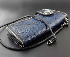 Tooled Handmade Blue Leather Men's Chain Wallet Motorcycle Wallet Long Wallet with Chain For Men - imessengerbags