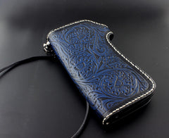 Tooled Handmade Blue Leather Men's Chain Wallet Motorcycle Wallet Long Wallet with Chain For Men - imessengerbags