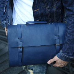 Blue Leather Mens Briefcase Messenger Bag Handbag Shoulder Bag for men