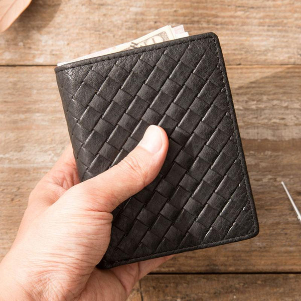 Braided Leather Mens Small Wallets Bifold Slim Front Pocket Wallet for Men - imessengerbags