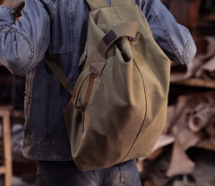 Khaki Canvas Mens Large Backpack Travel Backpack Canvas Barrel Backpack Bucket Backpack For Men - imessengerbags