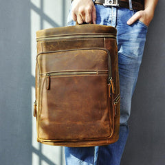 Brown Leather Men's 14 inches Large Barrel Computer Backpack Cylinder Travel Backpack Large College Backpack For Men