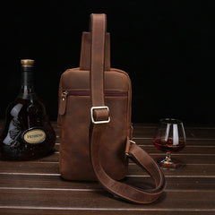 Brown Cool LEATHER MENS Sling Bags One Shoulder Backpack Dark Coffee Chest Bag For Men