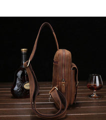Brown Cool LEATHER MENS Sling Bags One Shoulder Backpack Dark Coffee Chest Bag For Men