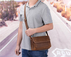 Brown Cool Leather Small Messenger Bag Satchel Postman Bag Coffee Side Bag Courier Bag For Men