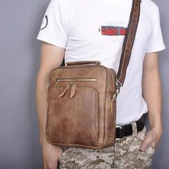 Brown Cool Leather Small Vertical Side Bag Briefcase Messenger Bag Brown Handbag Shoulder Bag For Men