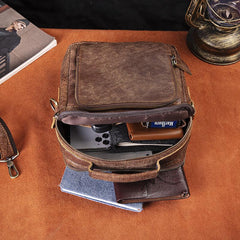 Brown Cool Leather Small Vertical Side Bag Briefcase Messenger Bag Brown Handbag Shoulder Bag For Men