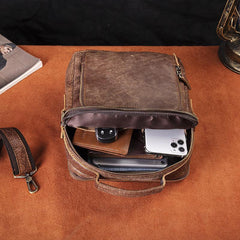 Brown Cool Leather Small Vertical Side Bag Briefcase Messenger Bag Brown Handbag Shoulder Bag For Men