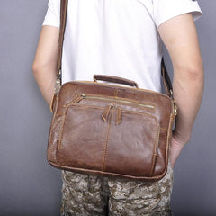 Brown Cool Leather Small Vertical Side Bag Briefcase Messenger Bag Brown Handbag Shoulder Bag For Men