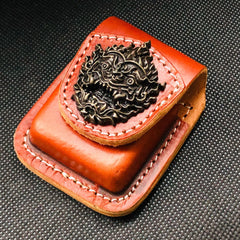 Black Handmade Leather Mens Cap Fish Zippo Lighter Holders Lighter Case For Men