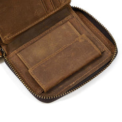 Brown Zip Leather Billfold Wallet for Men Bifold Wallet Vertical Zip Leather Small Wallet For Men