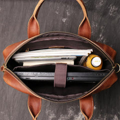 Brown Leather Men 14 inches Vintage Briefcase Handbag Dark Coffee Laptop Handbag Side Bag For Men