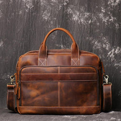 Brown Leather Men 14 inches Vintage Briefcase Handbag Dark Coffee Laptop Handbag Side Bag For Men - imessengerbags