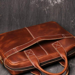 Brown Leather Men 14 inches Vintage Briefcase Handbag Dark Coffee Laptop Handbag Side Bag For Men