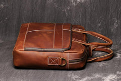 Brown Leather Men 14 inches Vintage Briefcase Handbag Dark Coffee Laptop Handbag Side Bag For Men