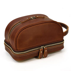 Brown Leather Men's Clutch Bag Double Zipped Wristlet Handbag Storage Bag For Men