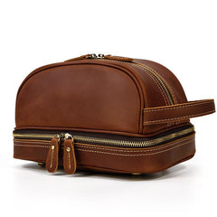 Brown Leather Men's Clutch Bag Double Zipped Wristlet Handbag Storage Bag For Men