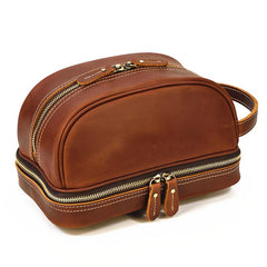 Brown Leather Men's Clutch Bag Double Zipped Wristlet Handbag Storage Bag For Men