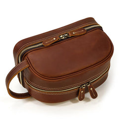 Brown Leather Men's Clutch Bag Double Zipped Wristlet Handbag Storage Bag For Men