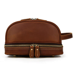 Brown Leather Men's Clutch Bag Double Zipped Wristlet Handbag Storage Bag For Men