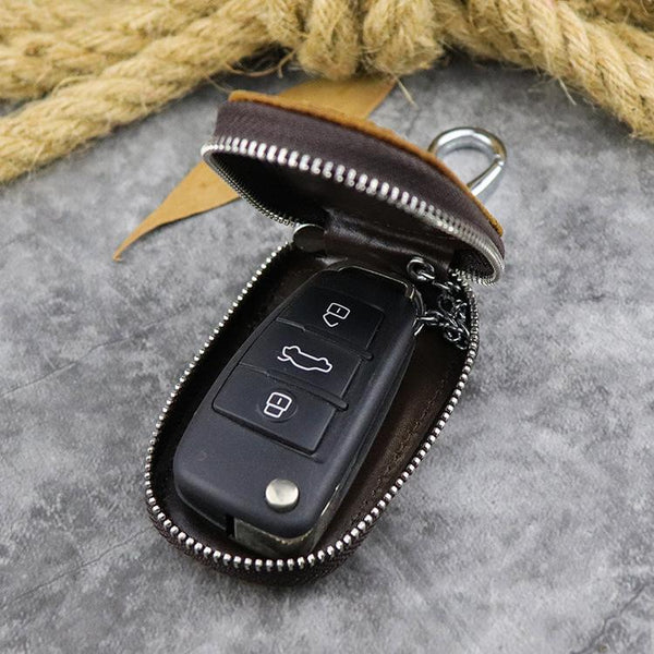 Brown Leather Men's Car Key and Oval Wallet Zipper Car Key Case Car Holder For Men