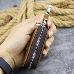 Brown Leather Men's Car Key and Oval Wallet Zipper Car Key Case Car Holder For Men