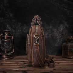 Vintage Brown Leather Mens Vertical Work Bag Handbag Vertical Briefcase Shoulder Bag For Men