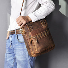 Vintage Brown Leather Mens Vertical Work Bag Handbag Vertical Briefcase Shoulder Bag For Men