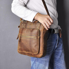 Vintage Brown Leather Mens Vertical Work Bag Handbag Vertical Briefcase Shoulder Bag For Men