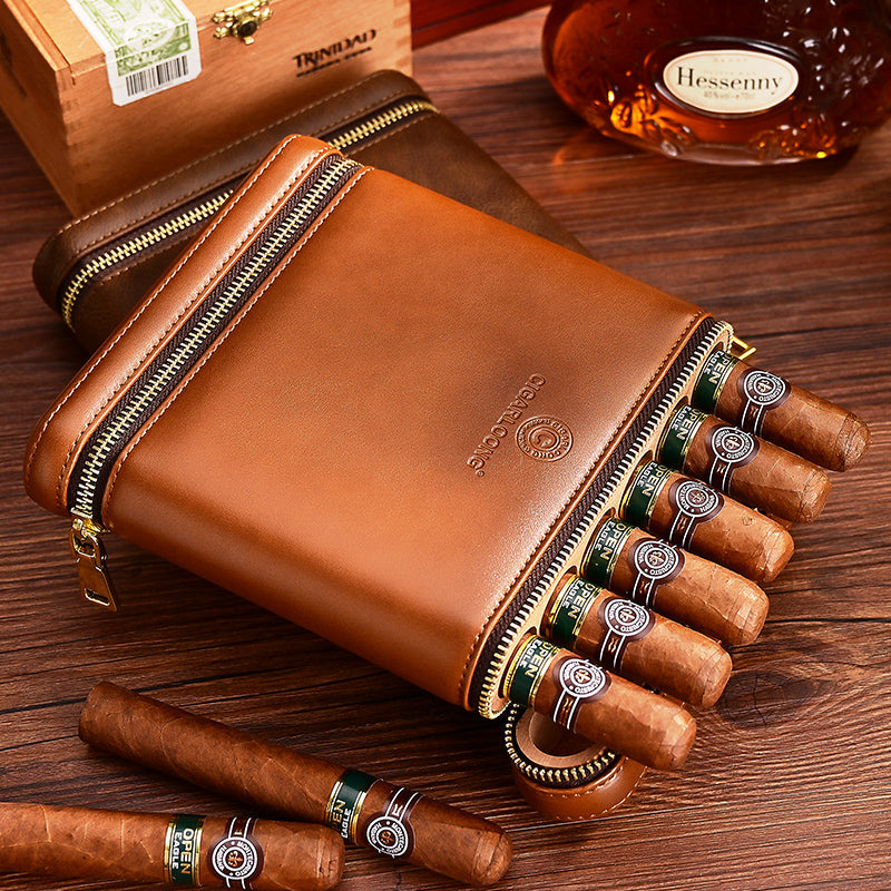 Brown Leather&Cedar Mens 6pcs Cigar Case Leather Cigar Cases for Men