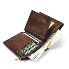 Brown MENS LEATHER Bifold Wallet Short Wallet Card Wallet Dark Brown Coin Wallet FOR MEN - imessengerbags