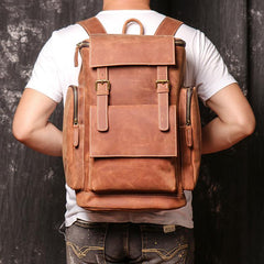 Brown Mens Leather 15 inches Large School Laptop Backpack Brown Travel Backpacks for Men