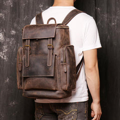 Brown Mens Leather 15 inches Large School Laptop Backpack Brown Travel Backpacks for Men