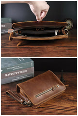 Vintage Brown Mens Clutch Wallet Leather Zipper Clutch Wristlet Purse Bag Clutch Bags For Men