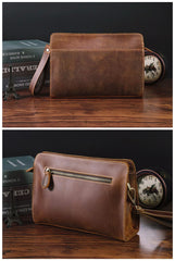 Vintage Brown Mens Clutch Wallet Leather Zipper Clutch Wristlet Purse Bag Clutch Bags For Men