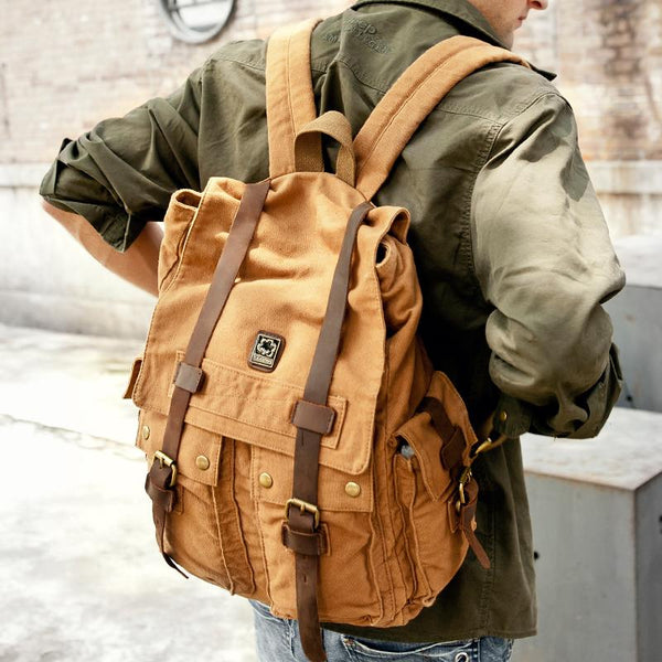 Brown CANVAS Mens Fashion Khaki 16'' Large Travel Bag College Backpack Hiking Backpack For Men - imessengerbags
