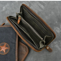 Brown Canvas Mens Long Wallet Zipper Green Clutch Phone Wallet For Men - imessengerbags