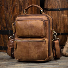 Brown Casual Leather 10 inches Vertical Side Bags Messenger Bag Courier Bag for Men