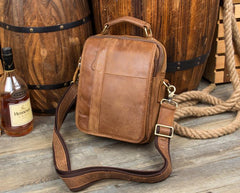 Casual Brown  Leather 10 inches Small Vertical Messenger Bag Crossbody Side Bag for Men