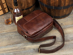 Casual Dark Brown Leather 8 inches Small Messenger Bag Side Bag Postman Bag for Men