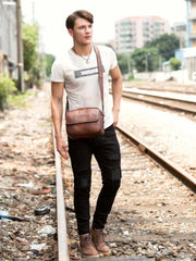 Casual Dark Brown Leather 8 inches Small Messenger Bag Side Bag Postman Bag for Men
