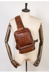 Casual Brown Leather Mens Sling Pack Sling Bag Chest Bag One Shoulder Backpack for Men