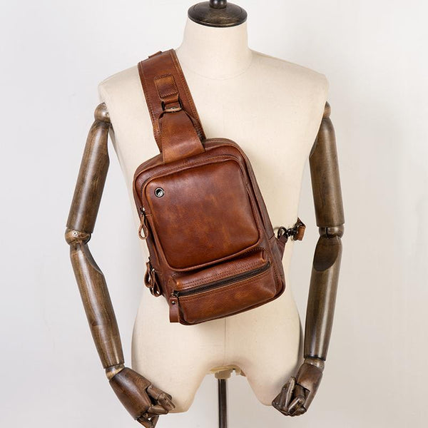 Casual Brown Leather Mens Sling Pack Sling Bag Chest Bag One Shoulder Backpack for Men - imessengerbags