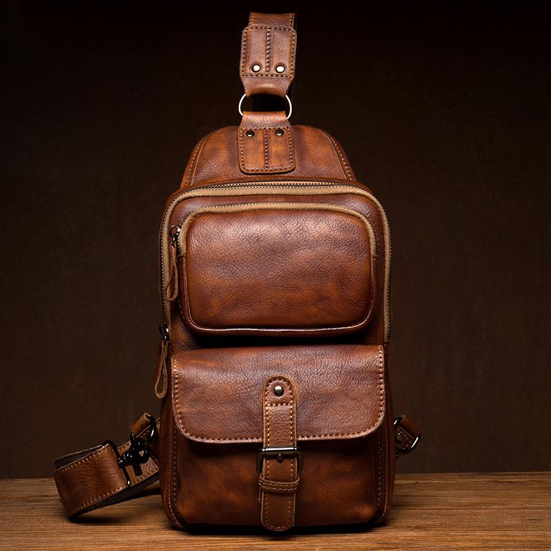 Casual Brown Leather Mens Sling Pack Sling Bag Chest Bags One Shoulder ...