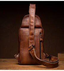 Casual Brown Leather Mens Sling Pack Sling Bag Chest Bags One Shoulder Backpack for Men