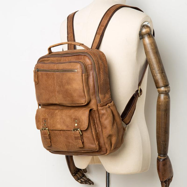 Casual Brown Leather Mens 14 inches Travel School Backpacks Computer Backpack for Men - imessengerbags