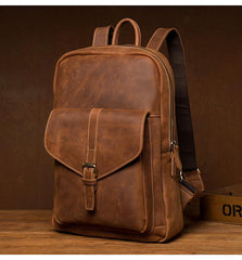 Casual Brown Large Leather Mens 15 inches Travel Backpack Computer Backpack School Backpack for Men