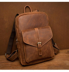 Casual Brown Large Leather Mens 15 inches Travel Backpack Computer Backpack School Backpack for Men