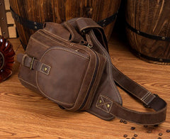 Casual Brown Leather Mens Sling Packs Sling Bag Chest Bag One Shoulder Backpack for Men