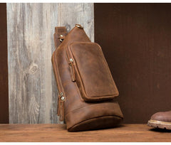 Brown Casual Leather Mens 8 inches Sling Bags Chest Bags One Shoulder Backpack for Men - imessengerbags